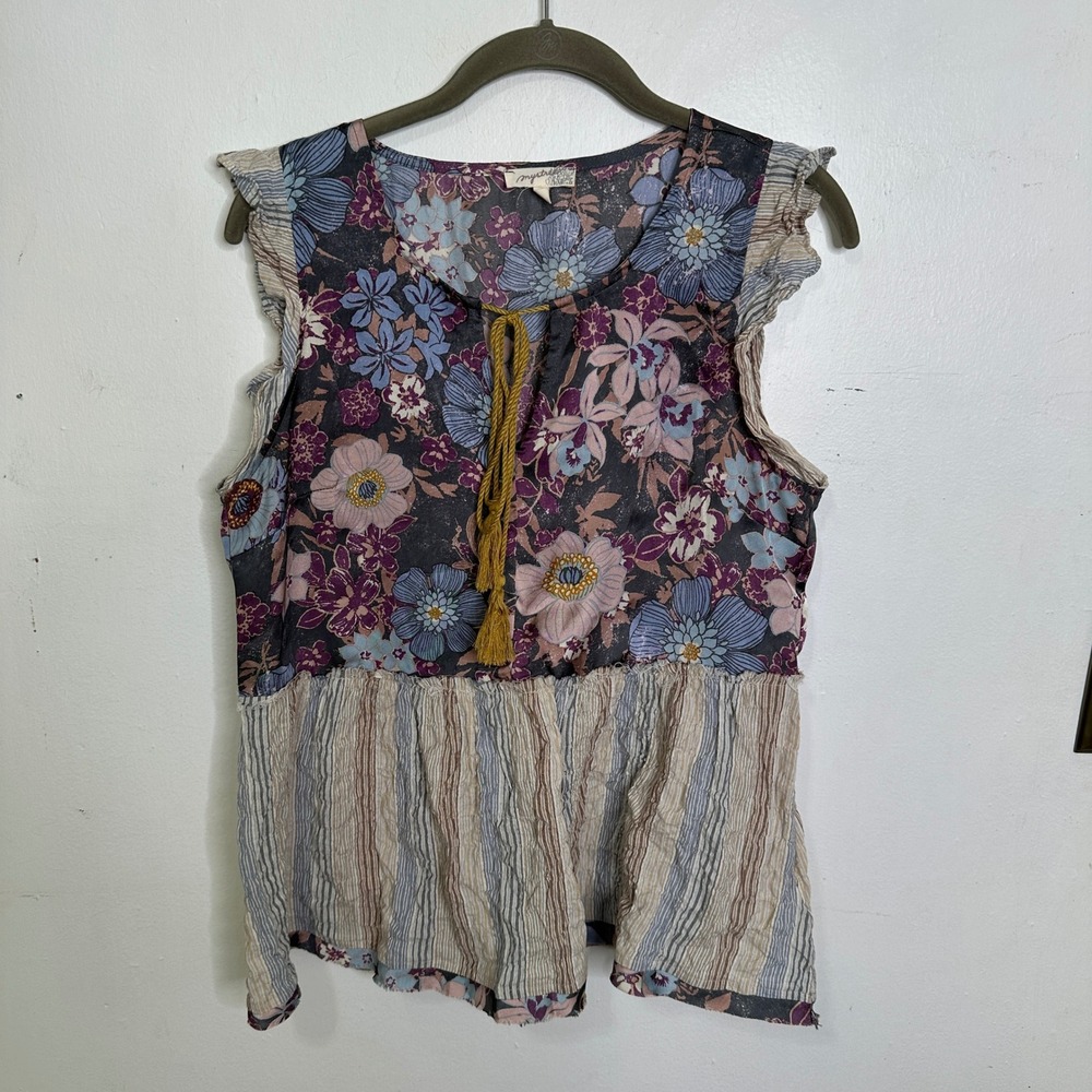 Floral Striped Mixed Media Top Ruffle Sleeve Boho Blouse Avant Garde Artsy Med‎